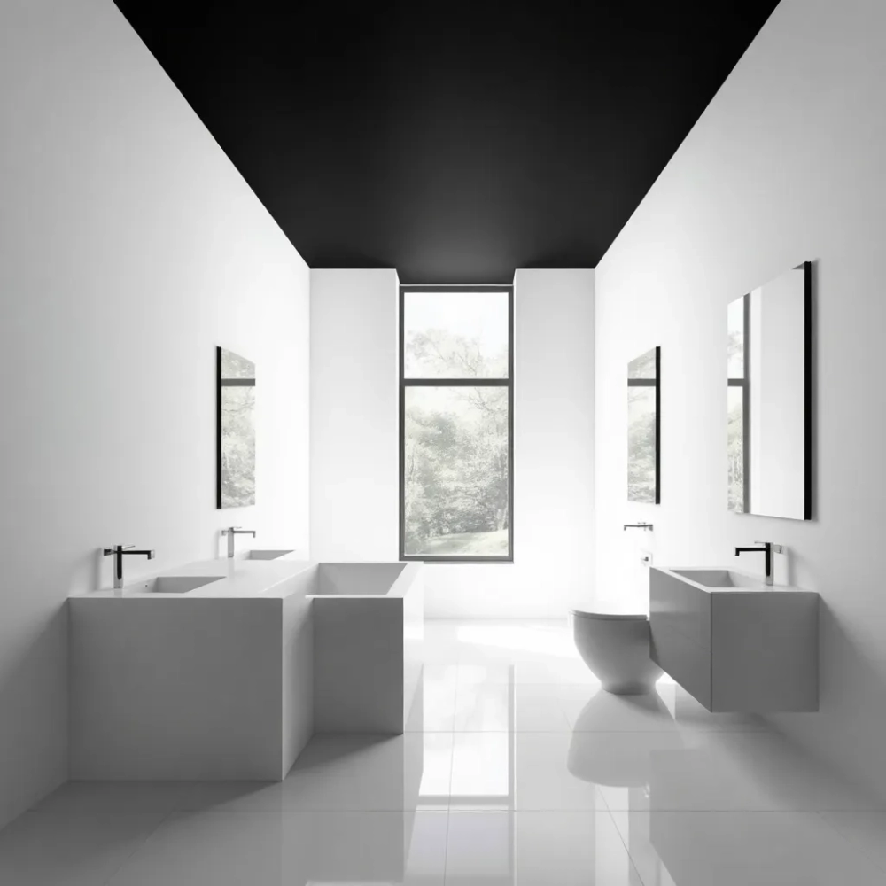 Białą łazienka z czarnym sufitem