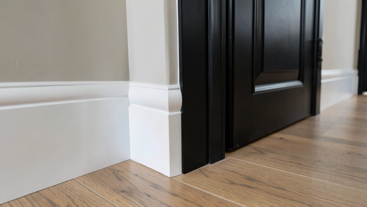 białe listwy przypodłogowe ciemne drzwi