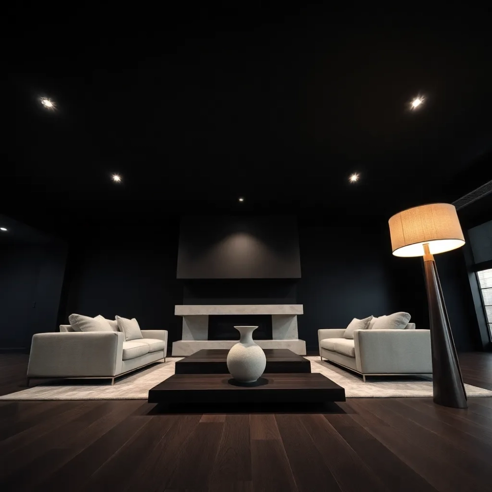 Czarny sufit w salonie