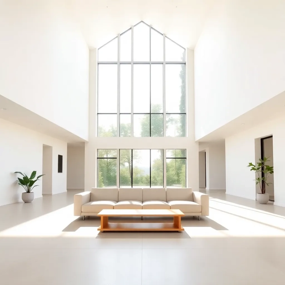 Dom parterowy z wysokim sufitem w salonie