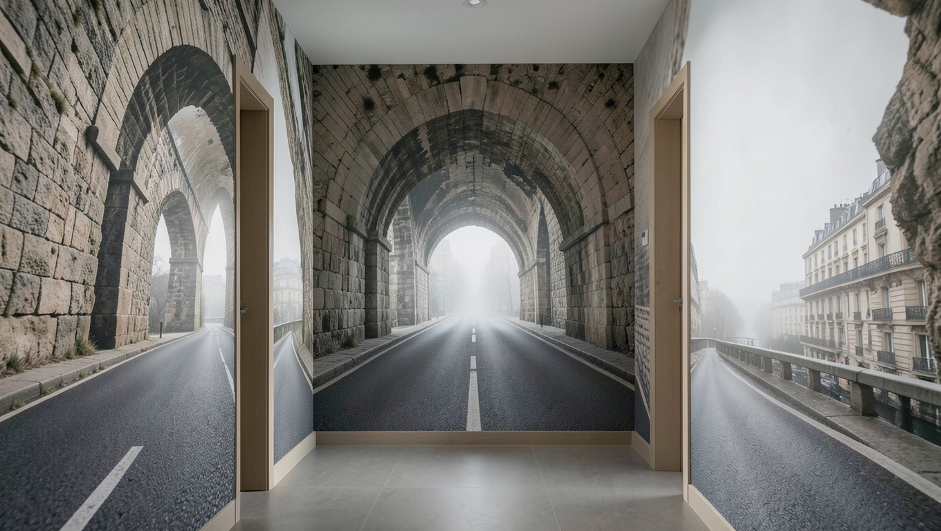 Iluzja przestrzeni fototapetami w wąskim przedpokoju