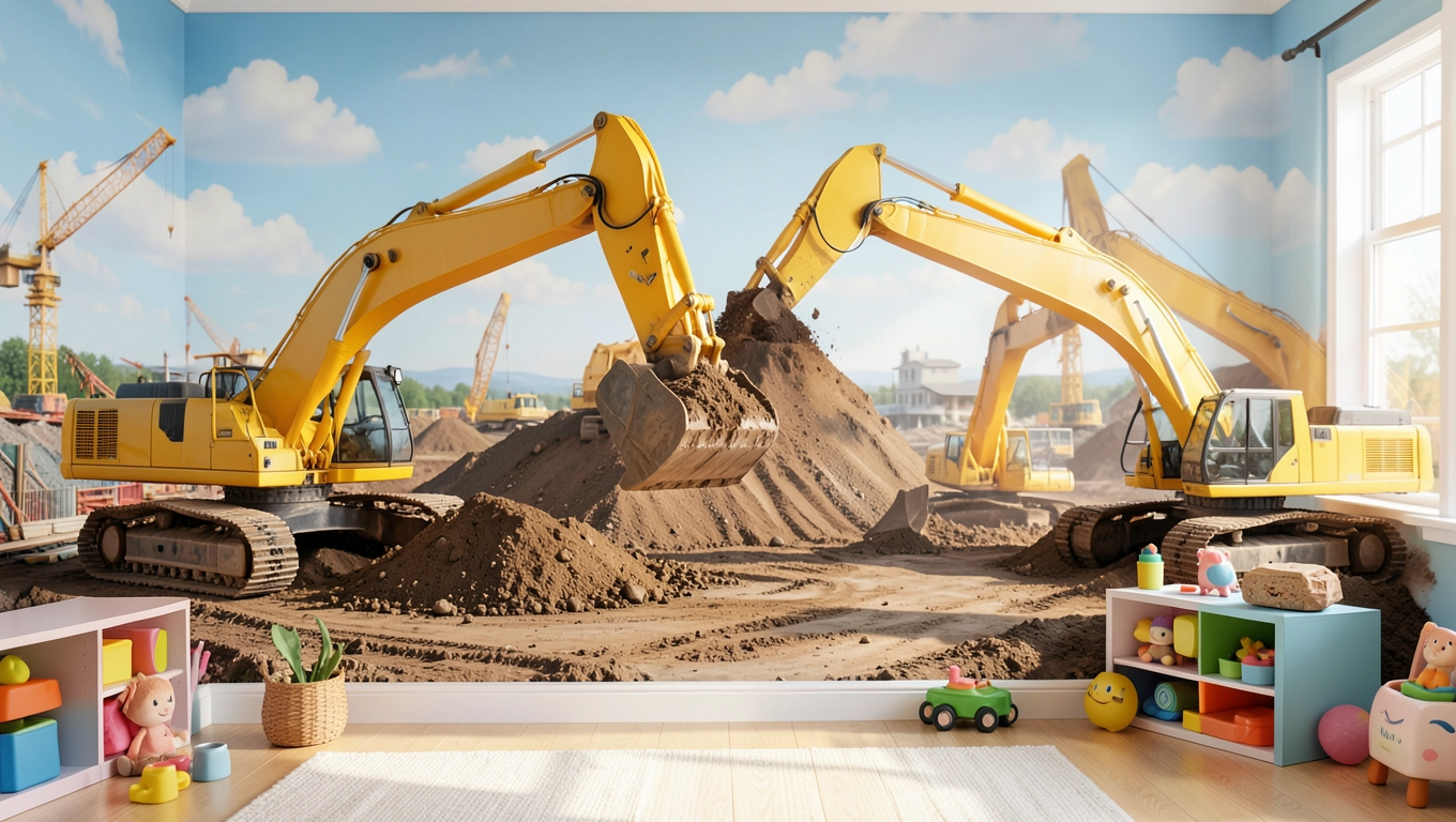 Maszyny budowlane w fototapecie dla malucha