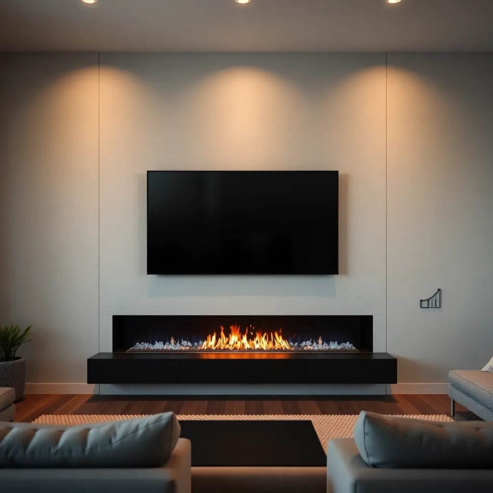 Nowoczesna ściana z kominkiem i telewizorem