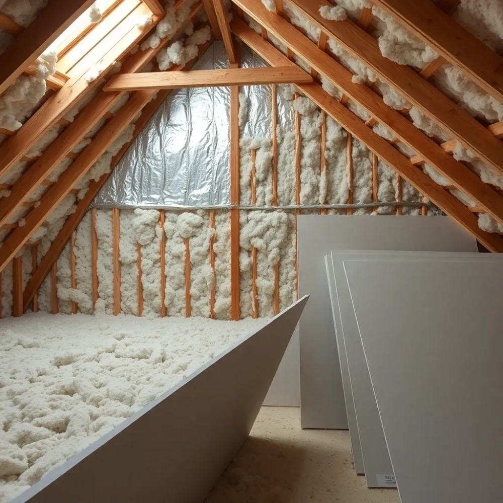 Ocieplenie poddasza wełną folia płytą GK na stelaż