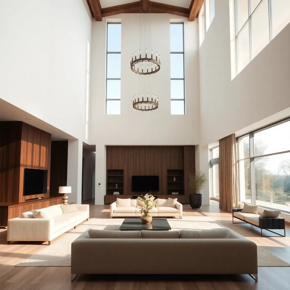 Projekt domu z wysokim sufitem w salonie