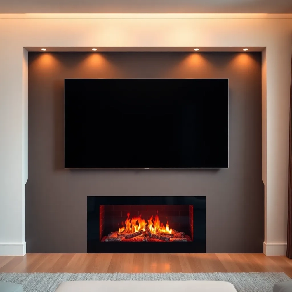 Ściana telewizyjna z kominkiem elektrycznym