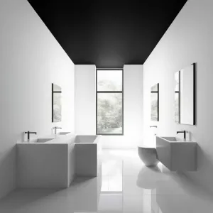 Białą łazienka z czarnym sufitem