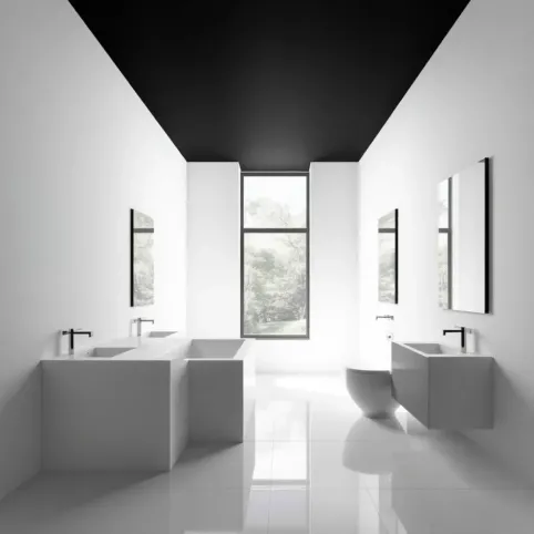 Białą łazienka z czarnym sufitem