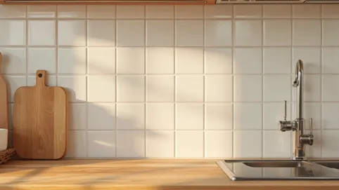 drewniany blat i ściana w kuchni