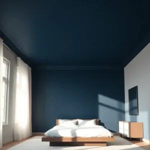 Granatowy sufit w sypialni