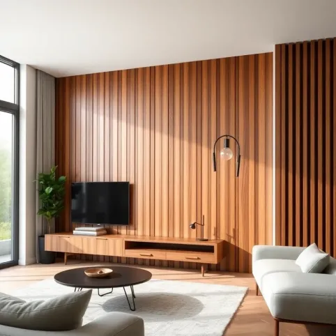 Lamele na ścianie w salonie