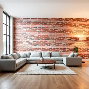 Ściana z cegły w salonie aranżacje