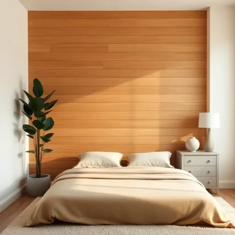 Sypialnia z drewnem na ścianie