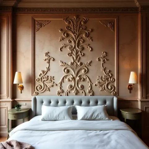 Sztukateria za łóżkiem w sypialni