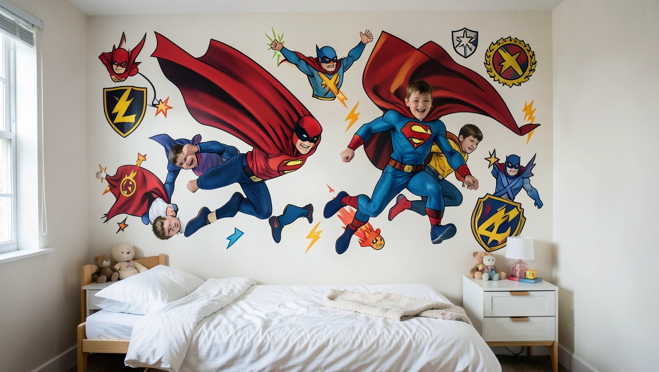 Superbohaterowie na ścianie chłopca