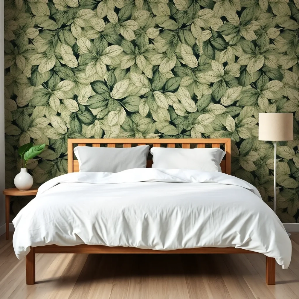 Sypialnia z tapeta w liście