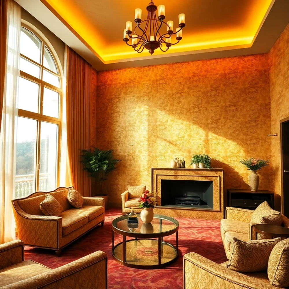 Złota tapeta w salonie